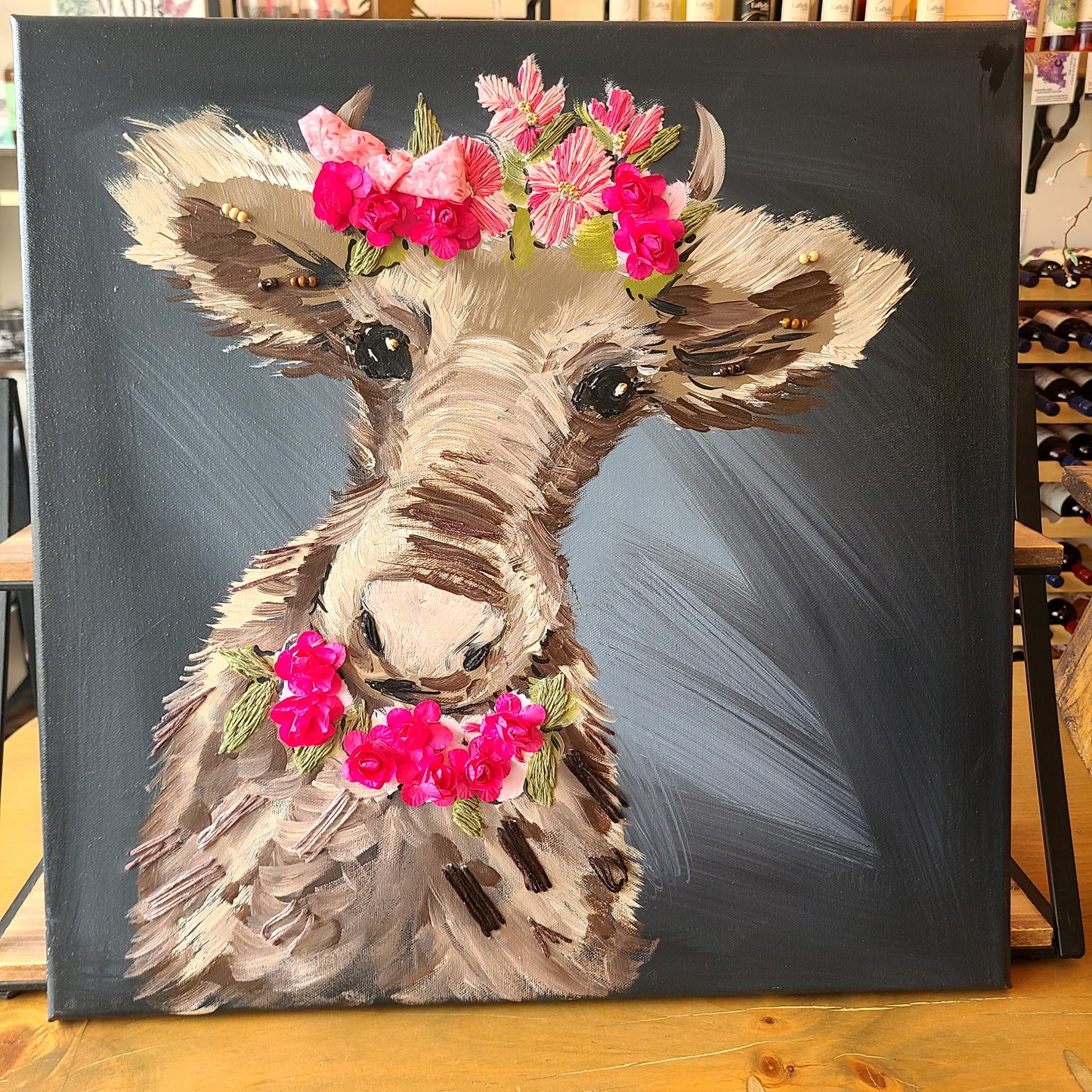 Floral Cow Mixed Media Painting (Jessica Filip) OL