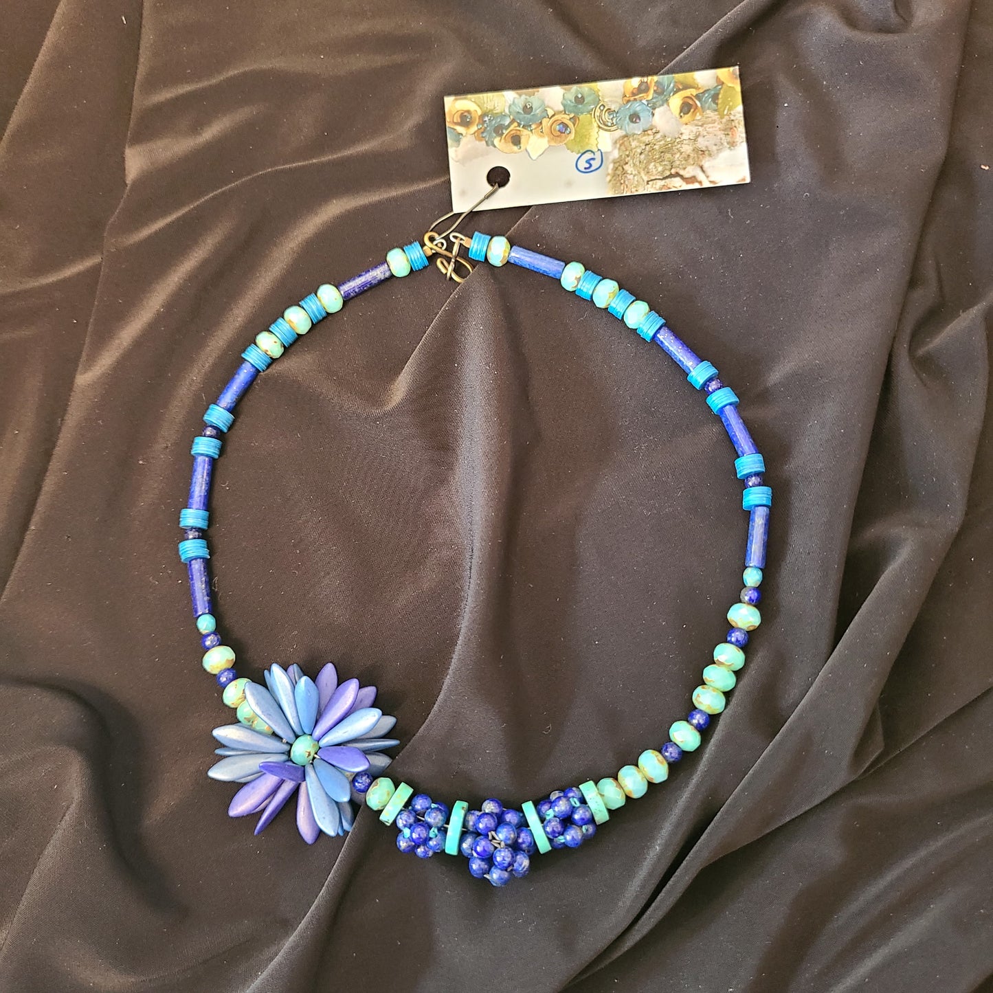 Lapis Beads Necklace with Turquoise Spacers, Chez Glass and Brass Clasp (Susan Vachon Designs) OL