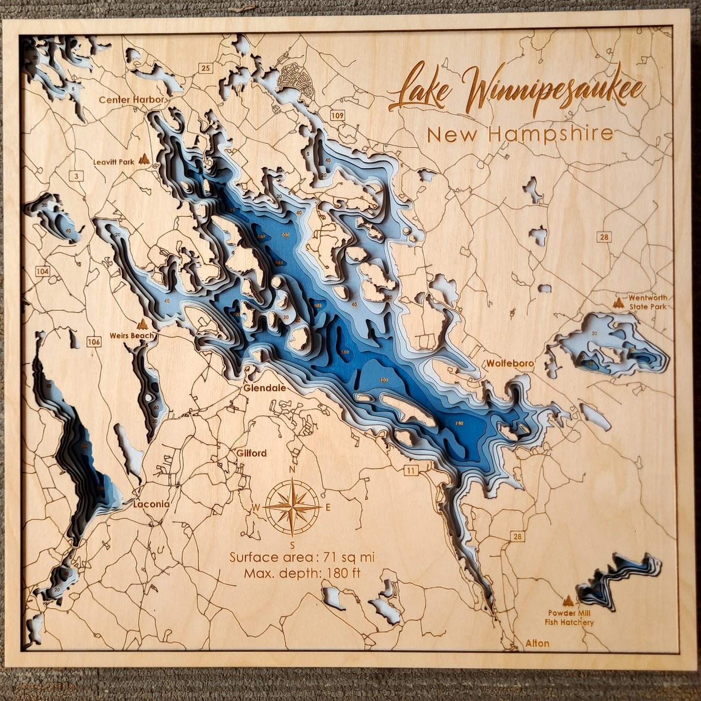 Lake Winnipesaukee Topographic Carved Wood Map (Made by Mandy) OL