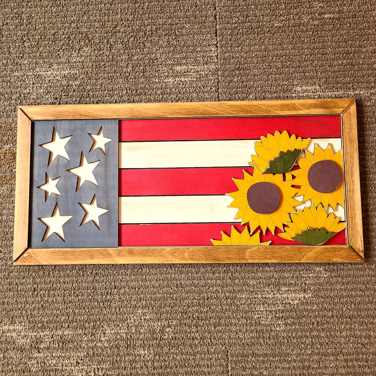 Handcrafted Wood Flag & Sunflowers hanging plaque (Made by Mandy) OL