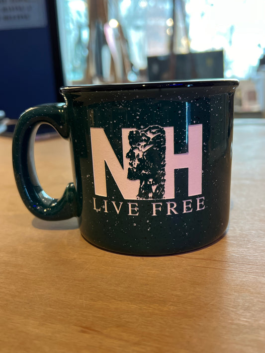 Green Ceramic Campfire Mug with NH Old Man of the Mountain Live Free deep etched 15 oz. (American Crystal Works) OL