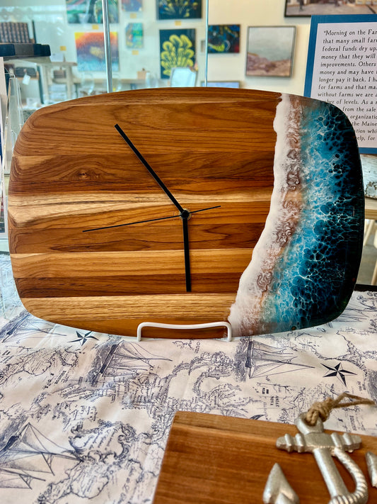 CN-112-19 Resin Art 10.5" x 14" Solid Wood Abstract Coastal Waves Clock (Hostage) OL