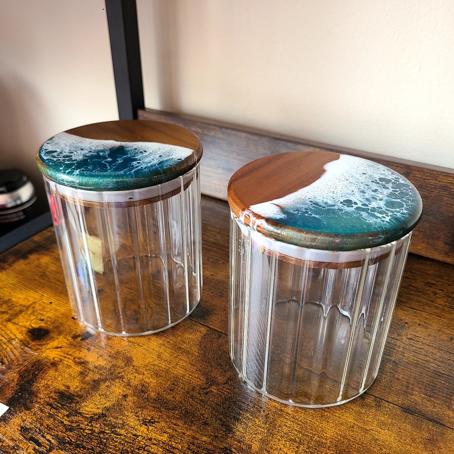 Artisanal Resin Wave Art set of 2 glass fluted jars (Maria Hostage)