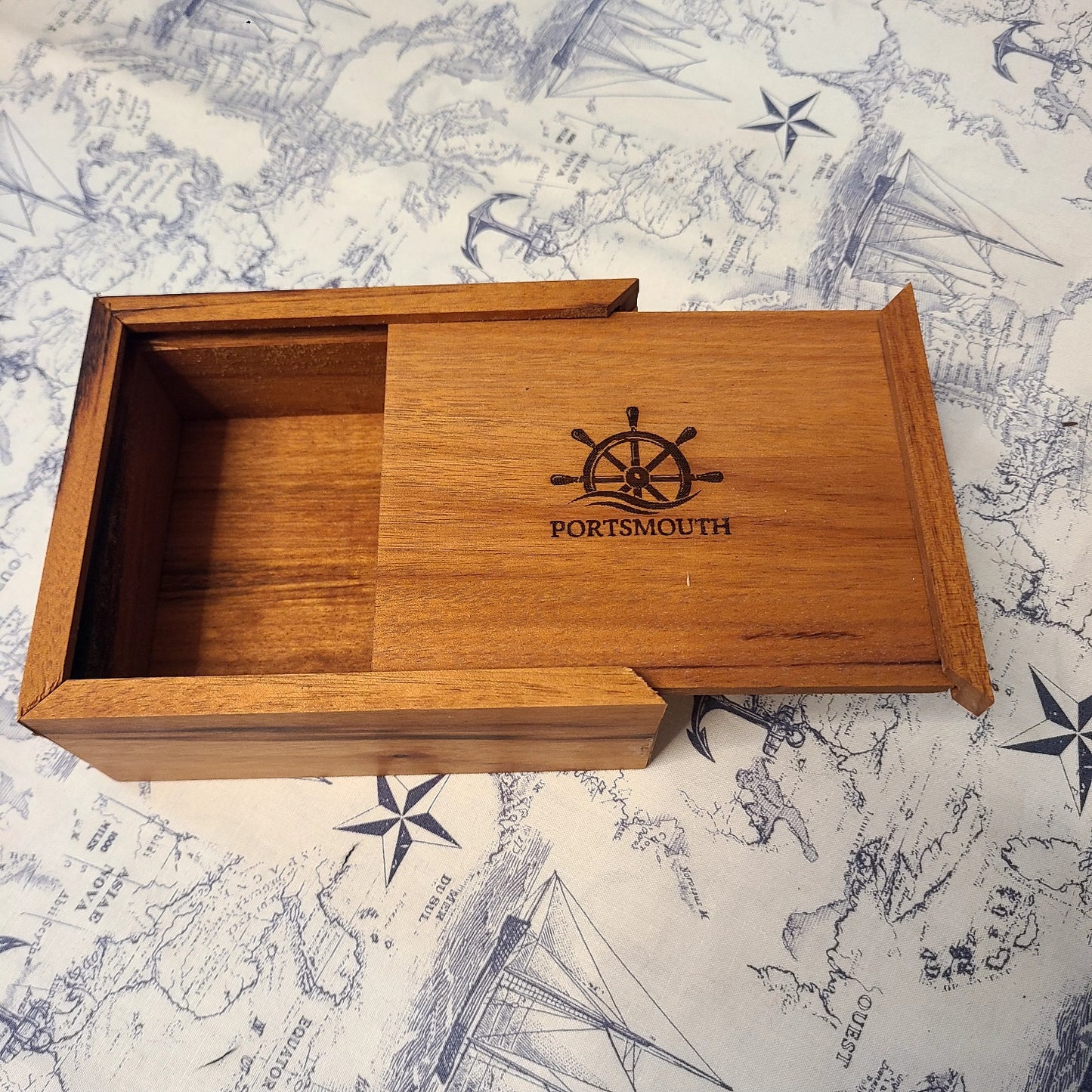 Wood Storage Box with Sliding Top and Portsmouth/Ship's Wheel Design - 6" x 4 1/4" (Rick Becksted) OL