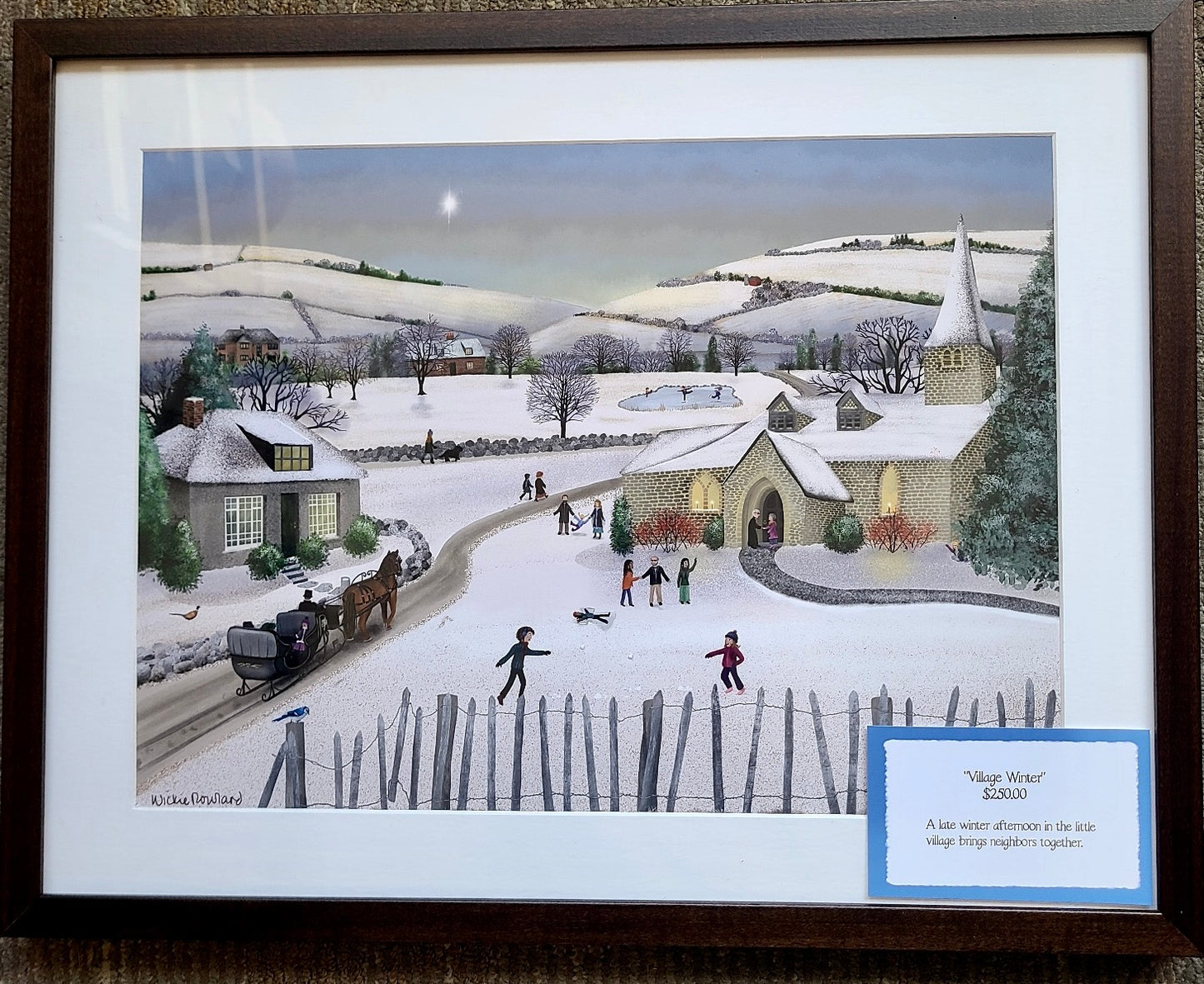 "Village Winter" matted & framed original print (Wickie Rowland) OL
