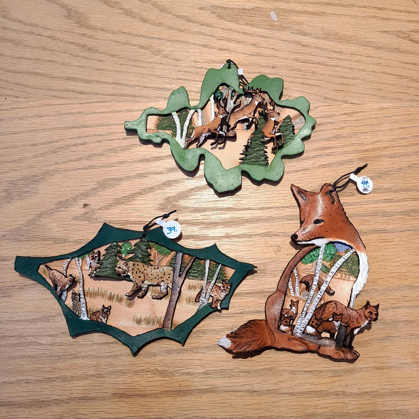 Handcrafted Intricate Bobcat, Deer, Fox Leather Decor (Log Cabin Leather) OL