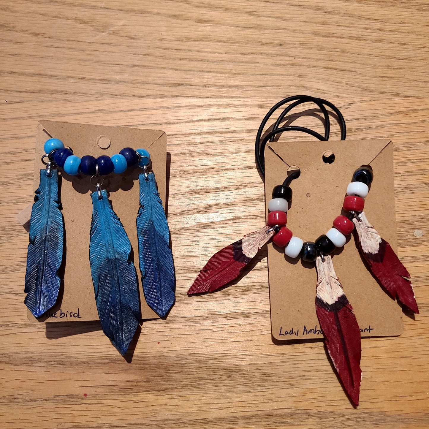 Three Feather Leather Necklace (Log Cabin Leather) OL