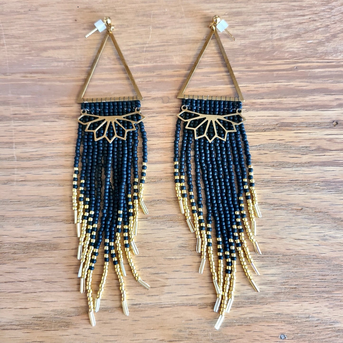 Black and Gold Beaded Earrings (Dancing Rose Design) OL