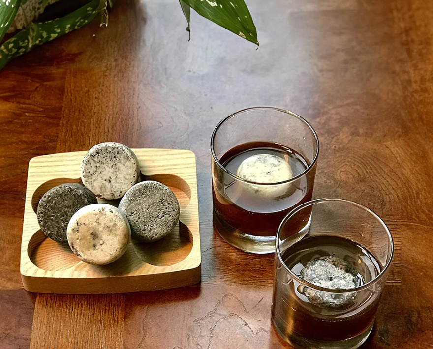 On The Rocks-Wooden Tray with 6 Round Stones & 2 Crystal Glass Tumblers (Sea Stones) OL