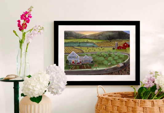 "Morning on the Farm" 13" x 19" matted & framed original print (Wickie Rowland) OL