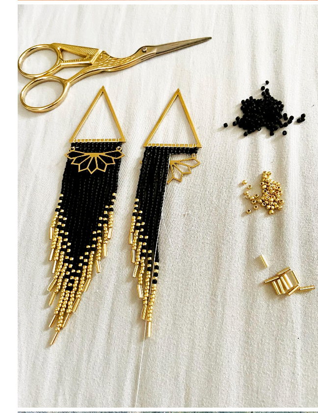 Black and Gold Beaded Earrings (Dancing Rose Design) OL