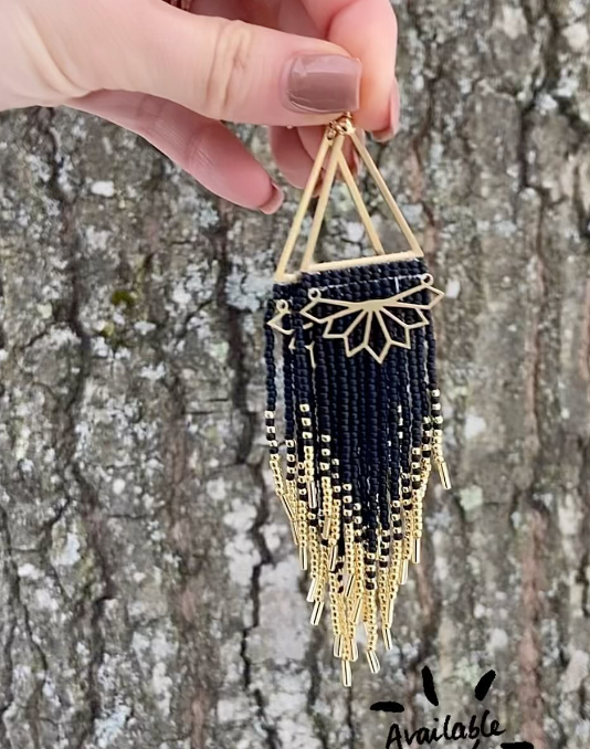 Black and Gold Beaded Earrings (Dancing Rose Design) OL