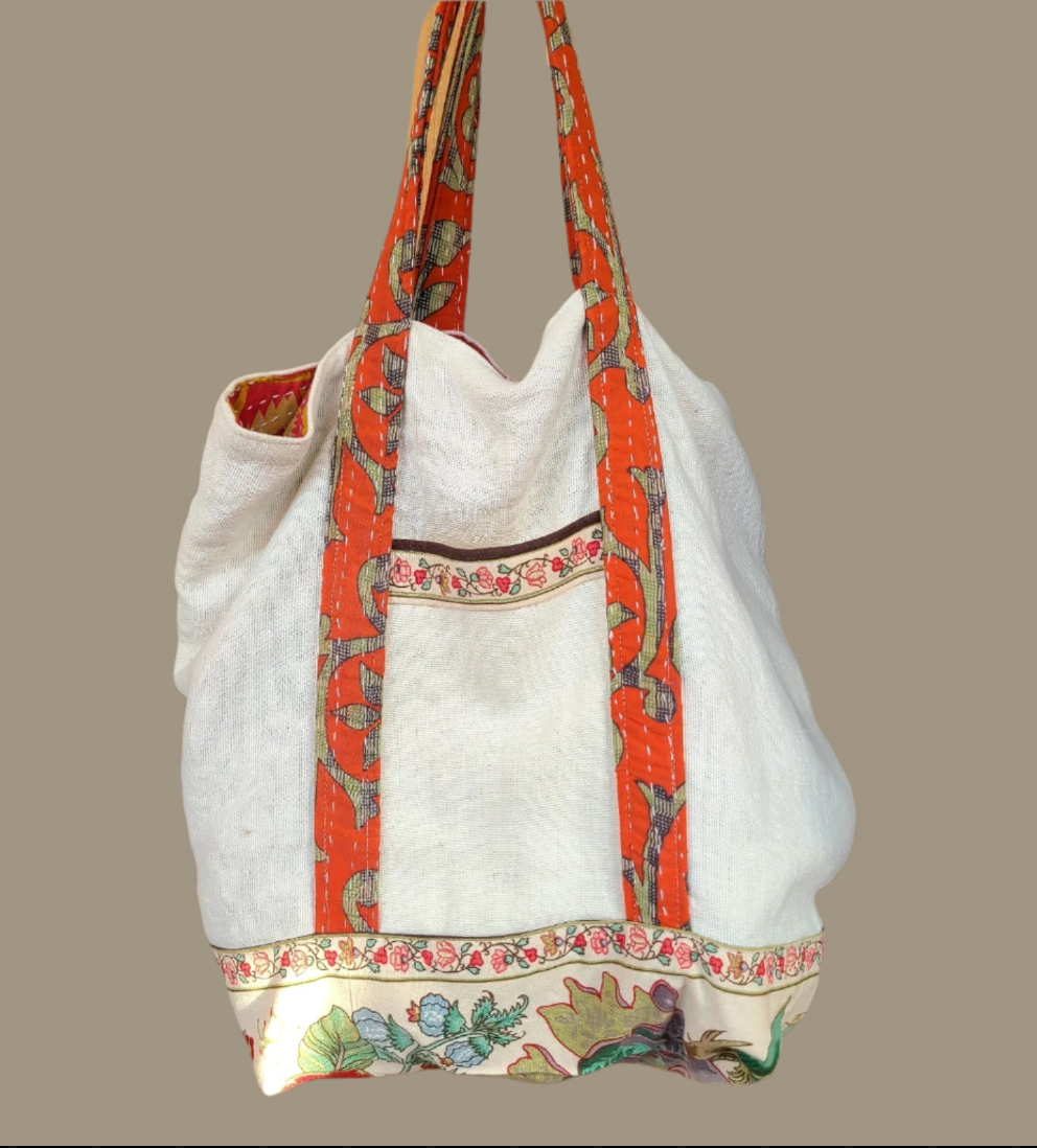 CN-139-05 Ecru Linen medium sized bag with blue stripe lining with fabric fish (Hillside Studio) OL