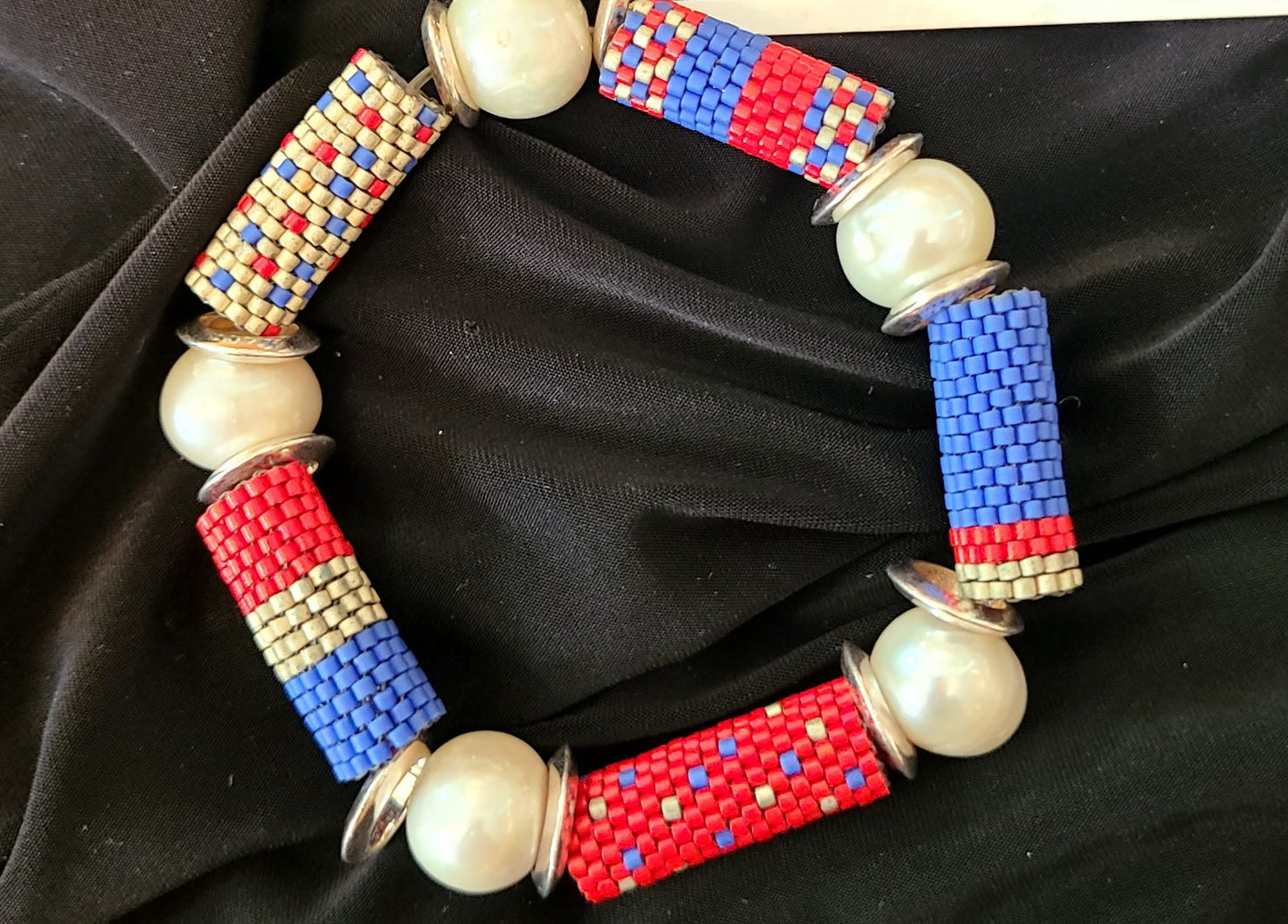 Peyote Stitch Beaded 4th July Bracelet with Pearls and Sterling Spacers (Susan Vachon Designs) OL