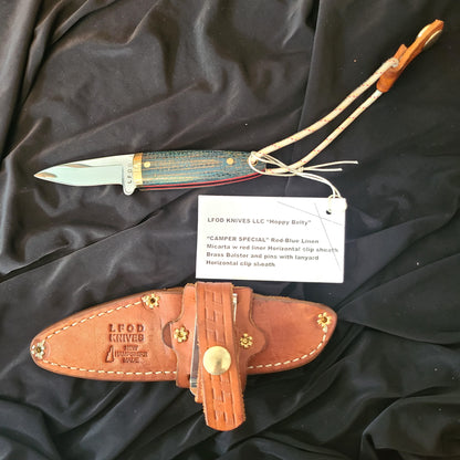 Hoppy Belty Camper Special with Red Blue Linen Micarta Handle includes handmade leather sheath (LFOD Knives) OL