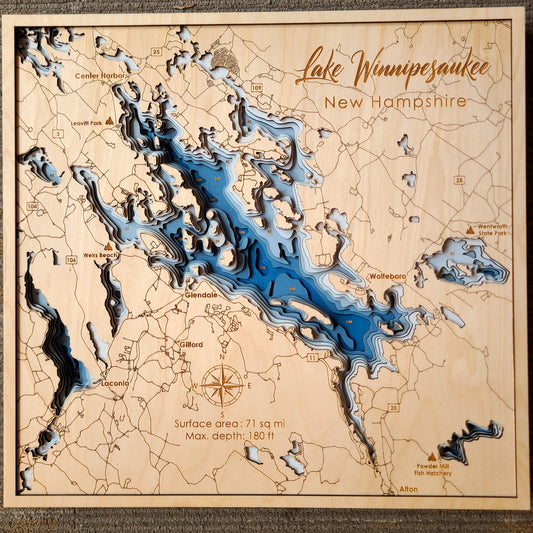 Lake Winnipesaukee Topographic Carved Wood Map (Made by Mandy) OL