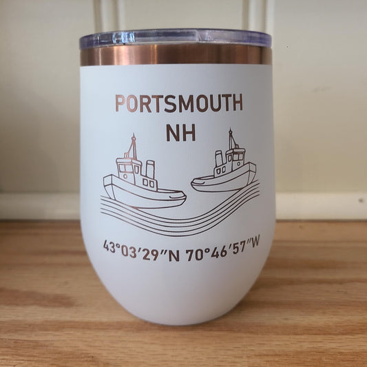 Portsmouth Tugboats etched Insulated Wine/Coffee tumbler (Knot Your Average Grain)