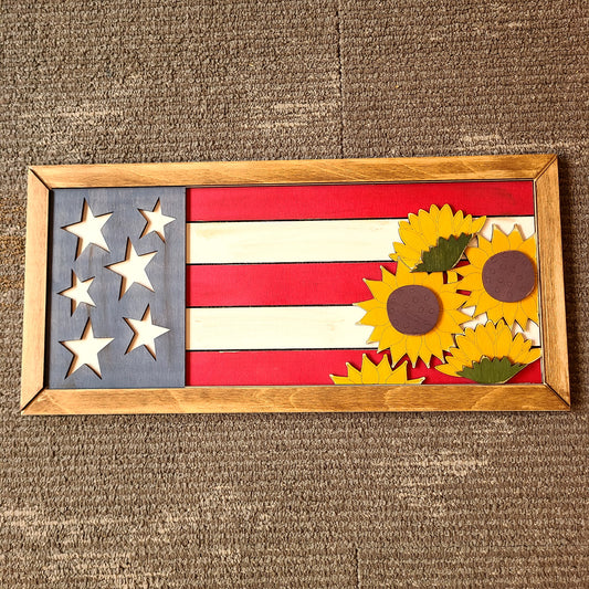 Handcrafted Wood Flag & Sunflowers hanging plaque (Made by Mandy) OL