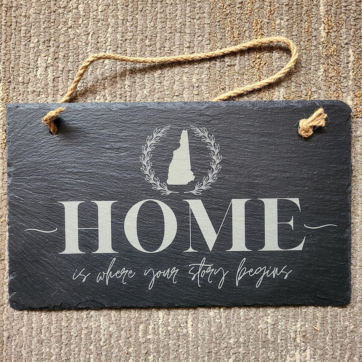 NH "Home Is Where Your Story Begins" slate hanging plaque (Maple & Holly) OL
