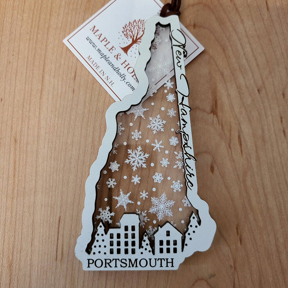 NH Portsmouth Cut-out Holiday Ornament (Maple & Holly) OL