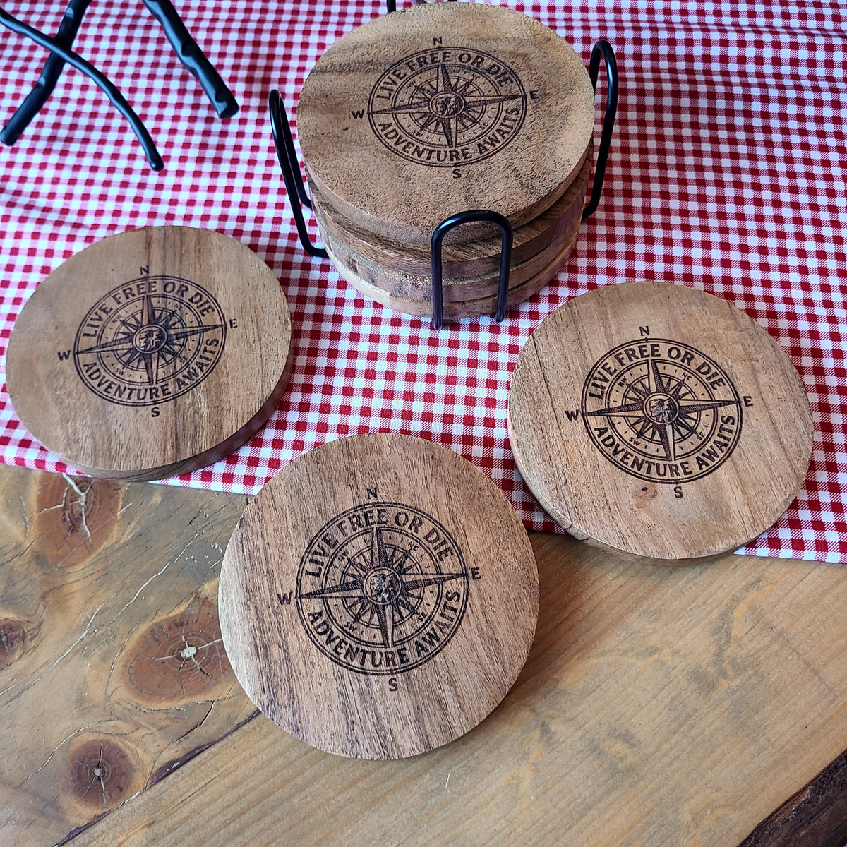 Adventure Awaits Wood Coasters Set of 4 w/ holder (ELJ Designs) OL