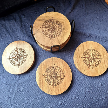 Adventure Awaits Wood Coasters Set of 4 w/ holder (ELJ Designs) OL