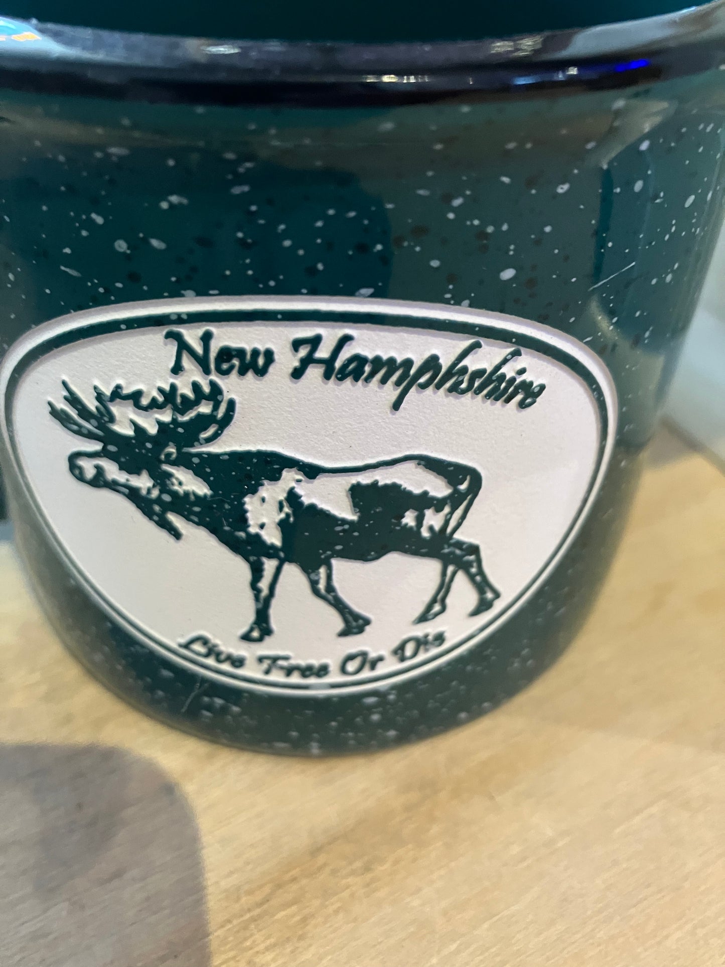 Green Ceramic Mug with Moose Live Free or Die deep etched 15 oz. (American Crystal Works) OL