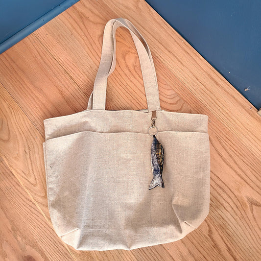 CN-139-05 Ecru Linen medium sized bag with blue stripe lining with fabric fish (Hillside Studio) OL