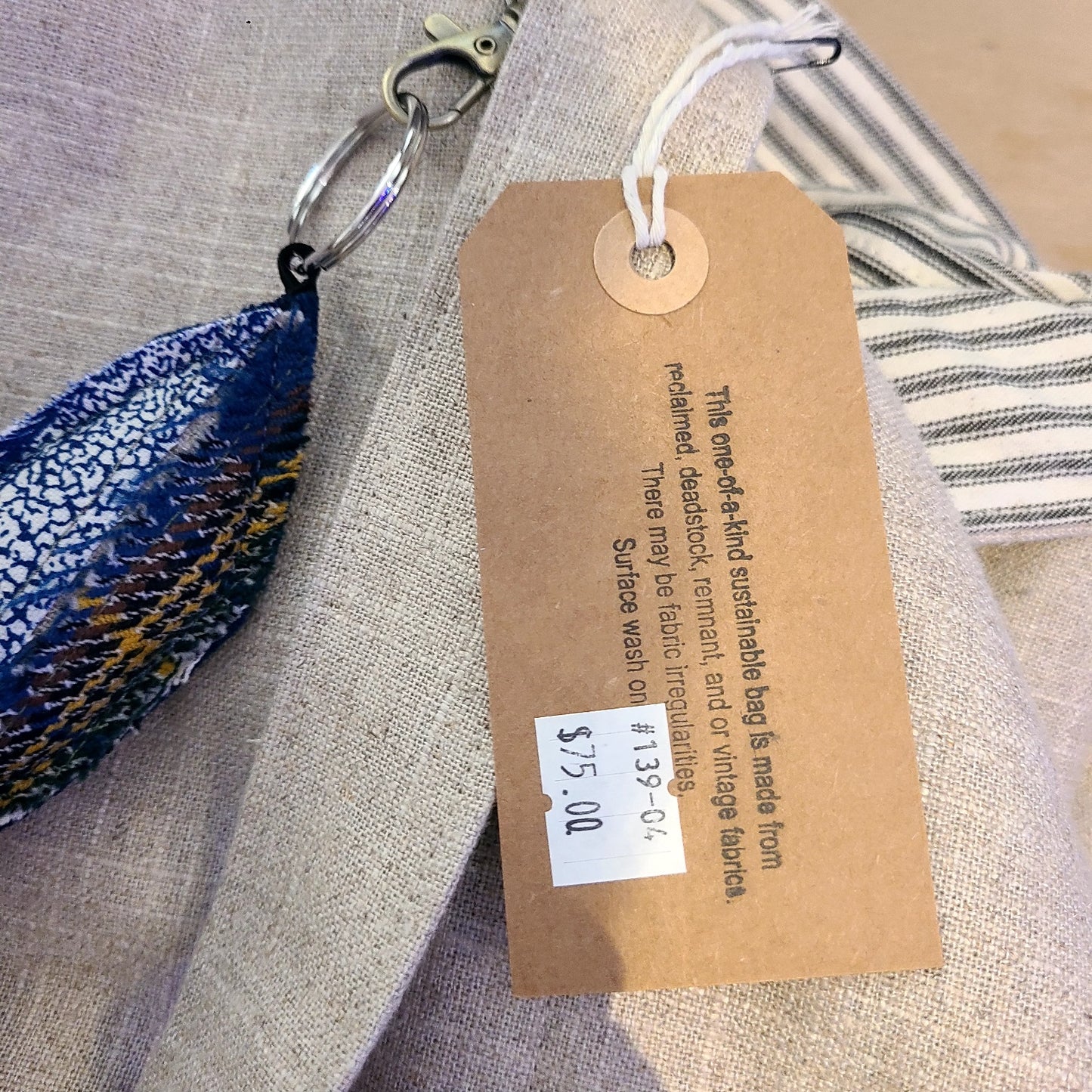 CN-139-05 Ecru Linen medium sized bag with blue stripe lining with fabric fish (Hillside Studio) OL