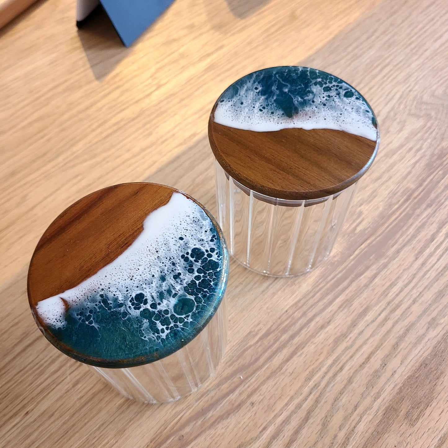 Artisanal Resin Wave Art set of 2 glass fluted jars (Maria Hostage)