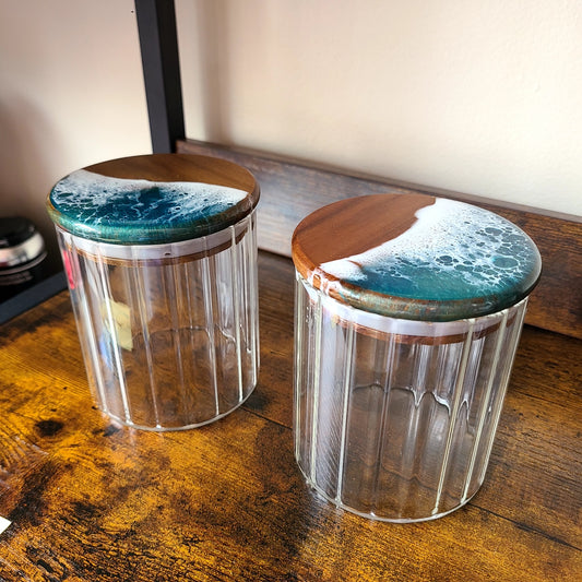Artisanal Resin Wave Art set of 2 glass fluted jars (Maria Hostage)