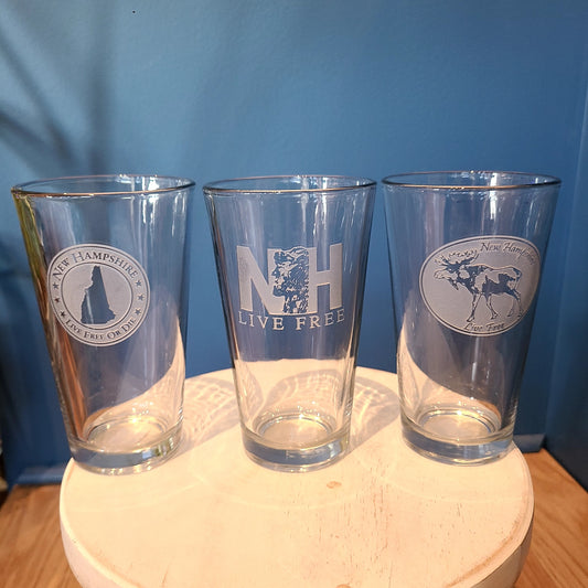 NH Crystal Pint Glass 16 oz. various etchings (American Crystal Works) OL