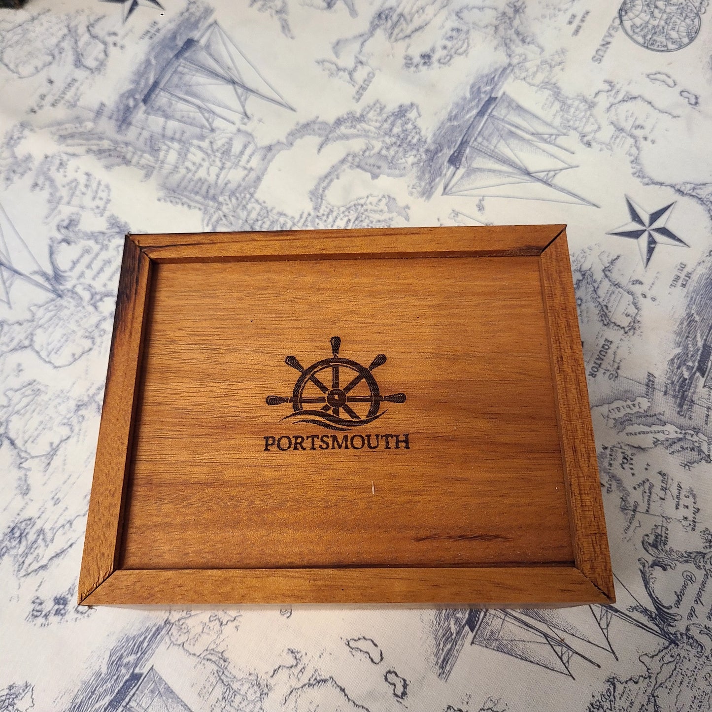 Wood Storage Box with Sliding Top and Portsmouth/Ship's Wheel Design - 6" x 4 1/4" (Rick Becksted) OL