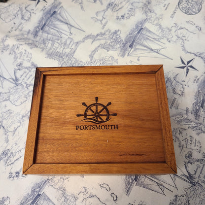 Wood Storage Box with Sliding Top and Portsmouth/Ship's Wheel Design - 6" x 4 1/4" (Rick Becksted) OL