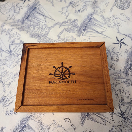 Wood Storage Box with Sliding Top and Portsmouth/Ship's Wheel Design - 6" x 4 1/4" (Rick Becksted) OL