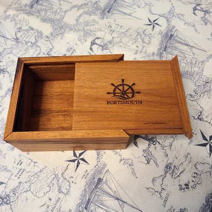 Wood Storage Box with Sliding Top and Portsmouth/Ship's Wheel Design - 6" x 4 1/4" (Rick Becksted) OL
