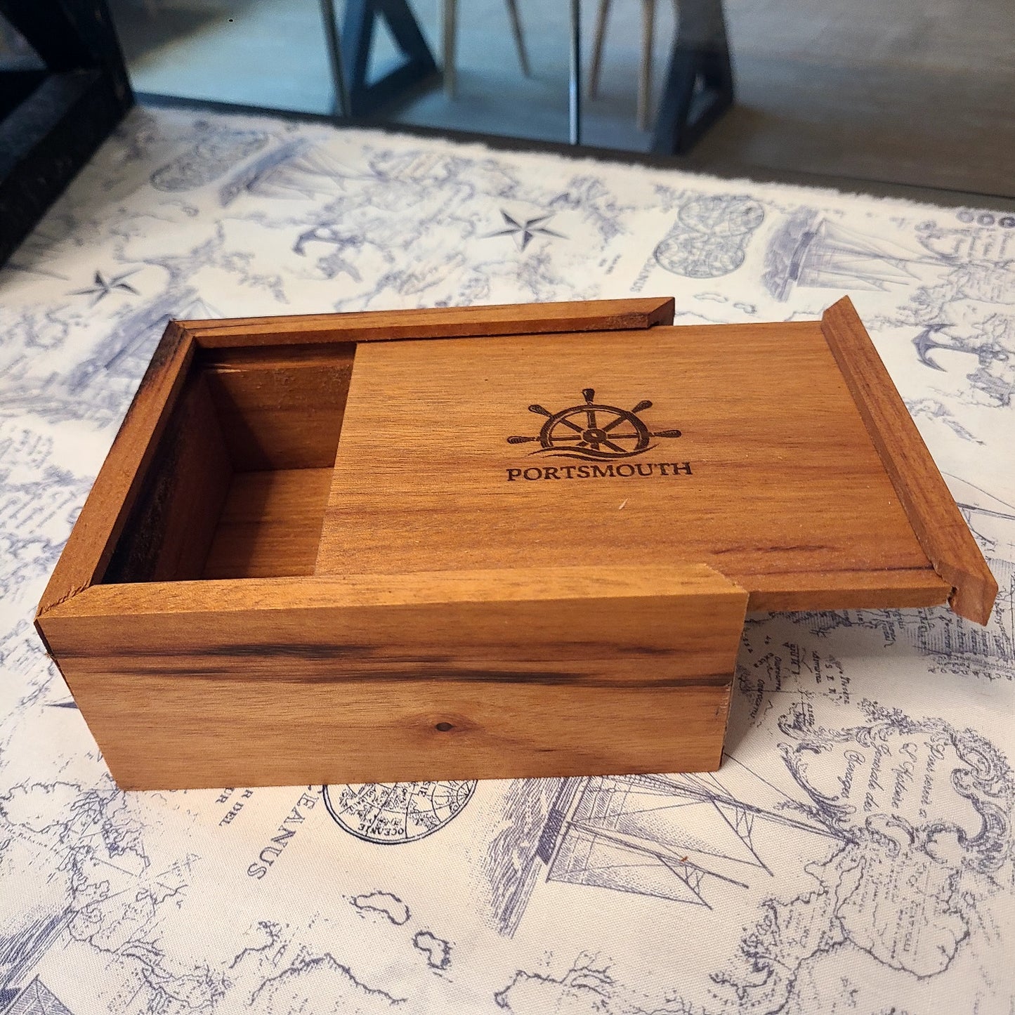 Wood Storage Box with Sliding Top and Portsmouth/Ship's Wheel Design - 6" x 4 1/4" (Rick Becksted) OL