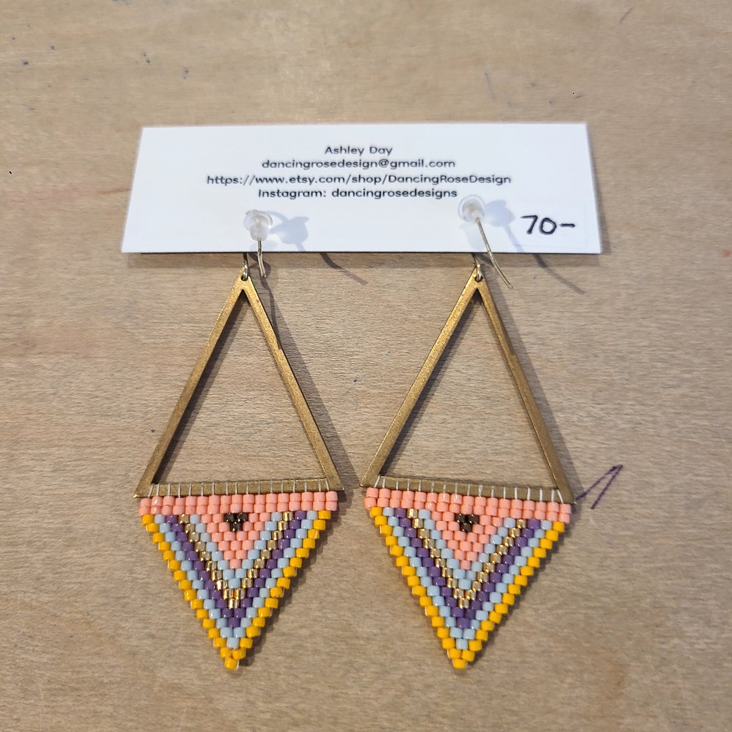 Gold triangle with hand-beaded triangle earrings (Dancing Rose Design) OL