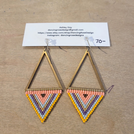 Gold triangle with hand-beaded triangle earrings (Dancing Rose Design) OL