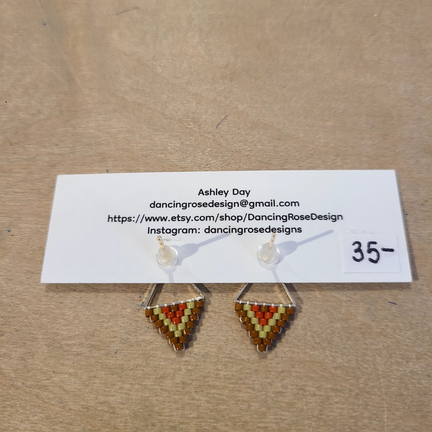 Silver triangle with hand-beaded small triangle earrings (Dancing Rose Design) OL