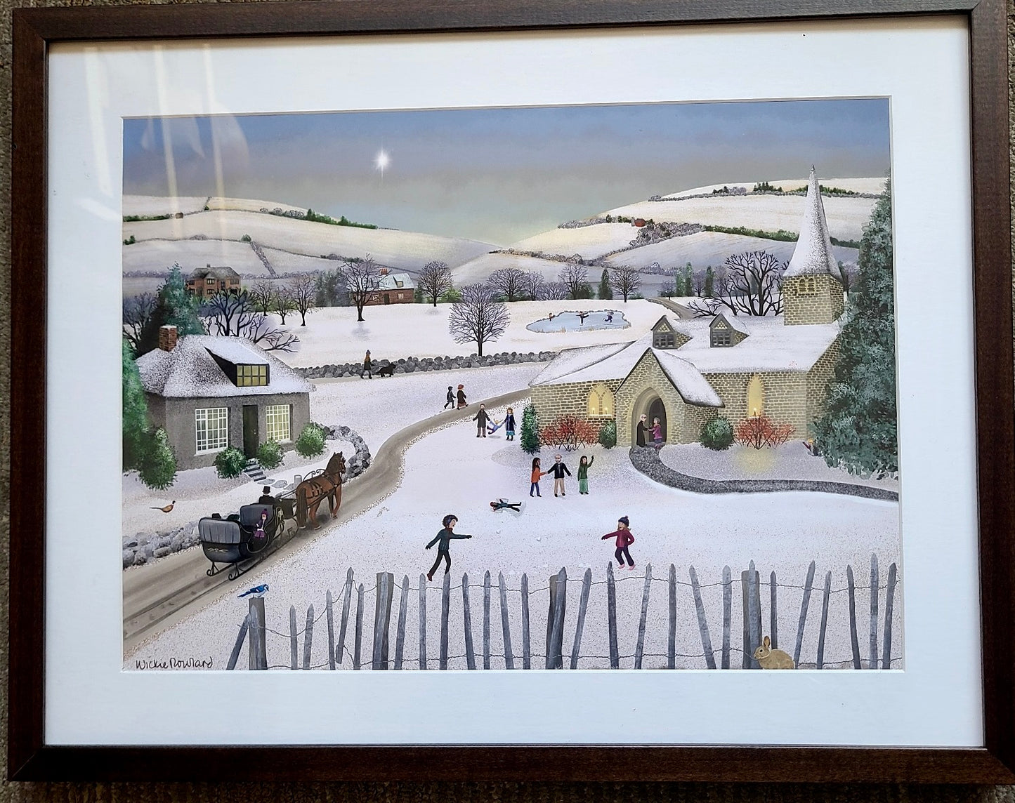 "Village Winter"  matted & framed original print (Wickie Rowland) OL