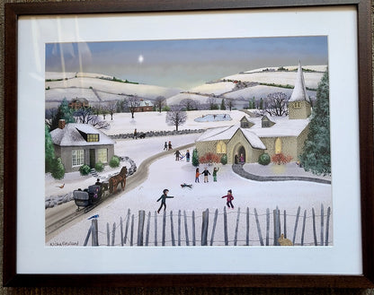 "Village Winter"  matted & framed original print (Wickie Rowland) OL