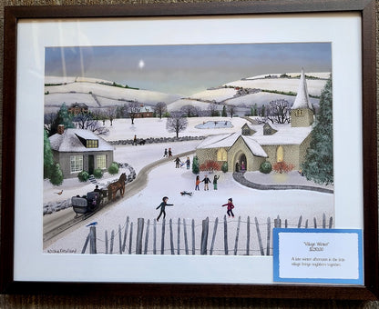 "Village Winter"  matted & framed original print (Wickie Rowland) OL