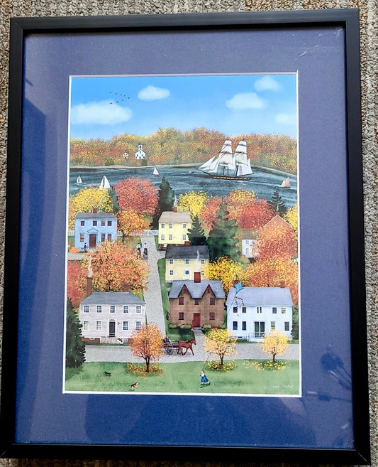 "A Strawberry Banke Autumn" matted & framed original print (Wickie Rowland) OL