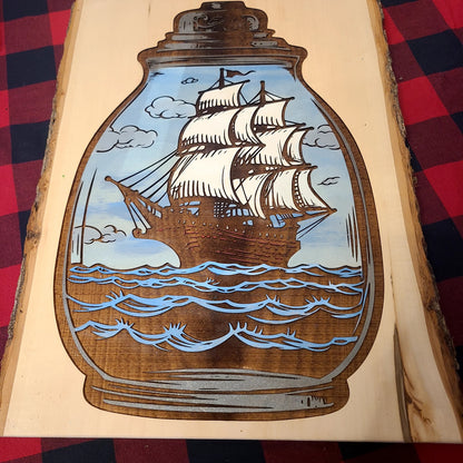 Carved Painted Wood Ship & Carved Painted Wood Sea Turtle Art CN-175-05 (Carter's Creations NH) OL
