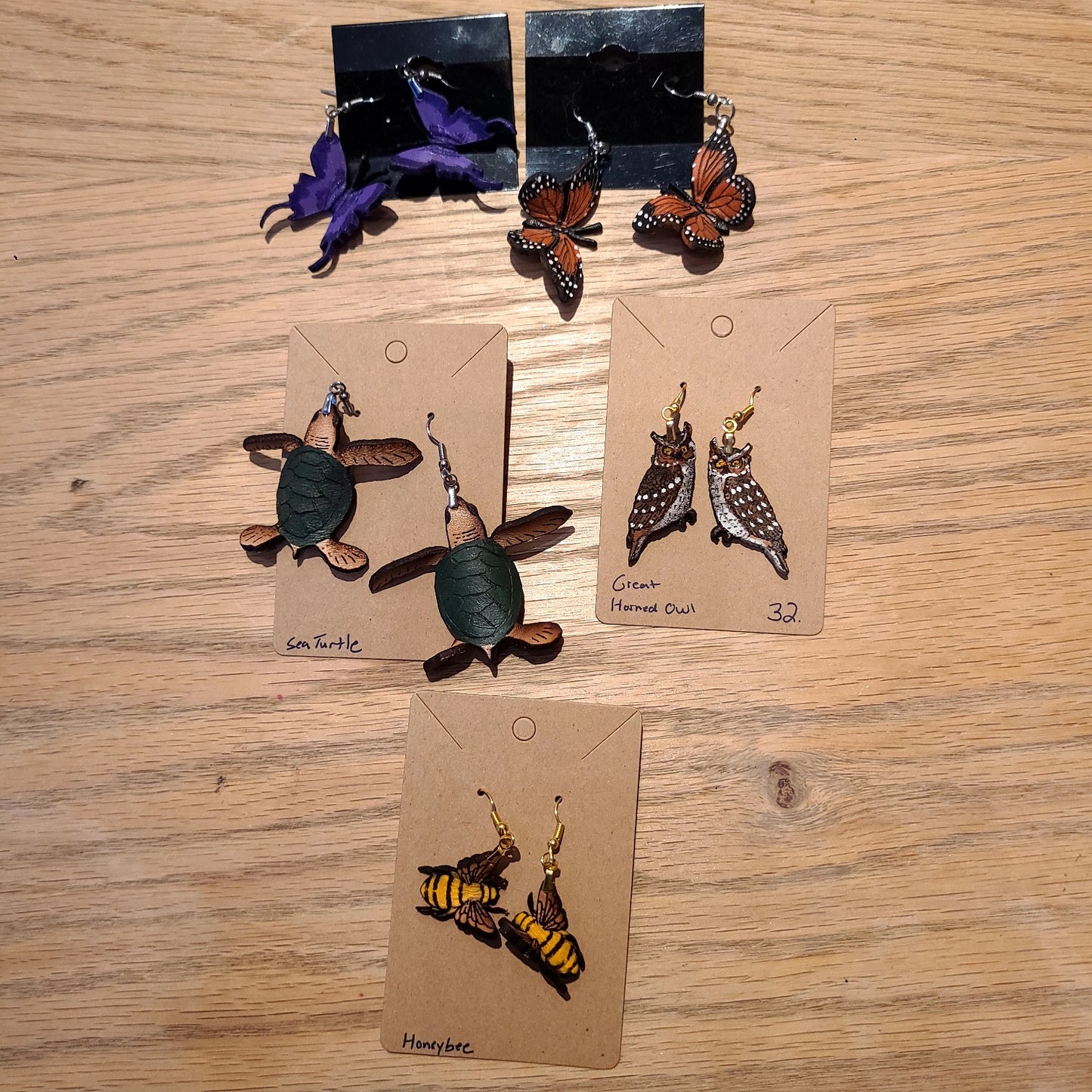 Handcrafted Leather Single Butterfly, Turtle, Owl & Bee Earrings (Log Cabin Leather) OL