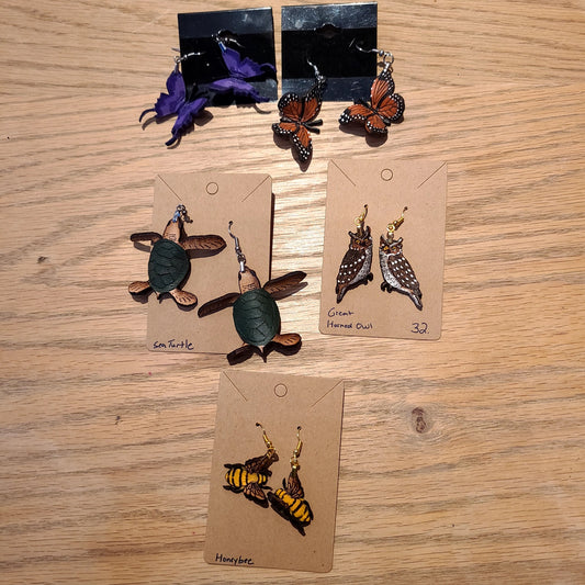 Handcrafted Leather Single Butterfly, Turtle, Owl & Bee Earrings (Log Cabin Leather) OL