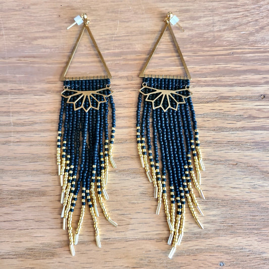 Black and Gold Beaded Earrings (Dancing Rose Design) OL