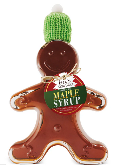 NH pure maple syrup 3.4 oz. Gingerbread Person glass bottle (Ben's Sugar Shack) OL