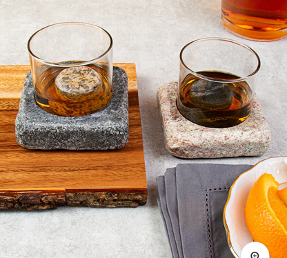 Aluminum Lined Granite Coasters (2) with 2 Glass Tumblers and 2 On The Rocks Round Stones (Sea Stones) OL
